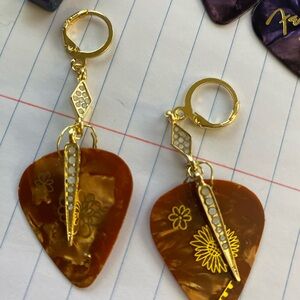 Gold and Brown design love Guitar Pick Earrings by self . Moon love